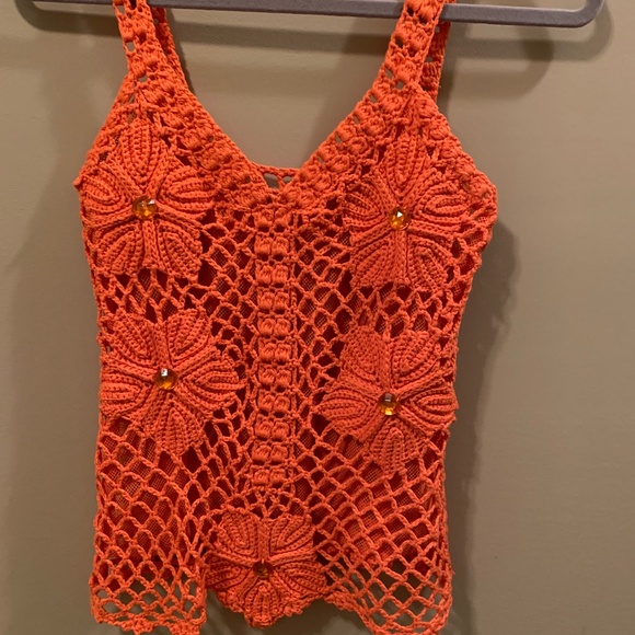 ORANGE CROCHET COTTON/SILK TOP - S? - Picture 12 of 14